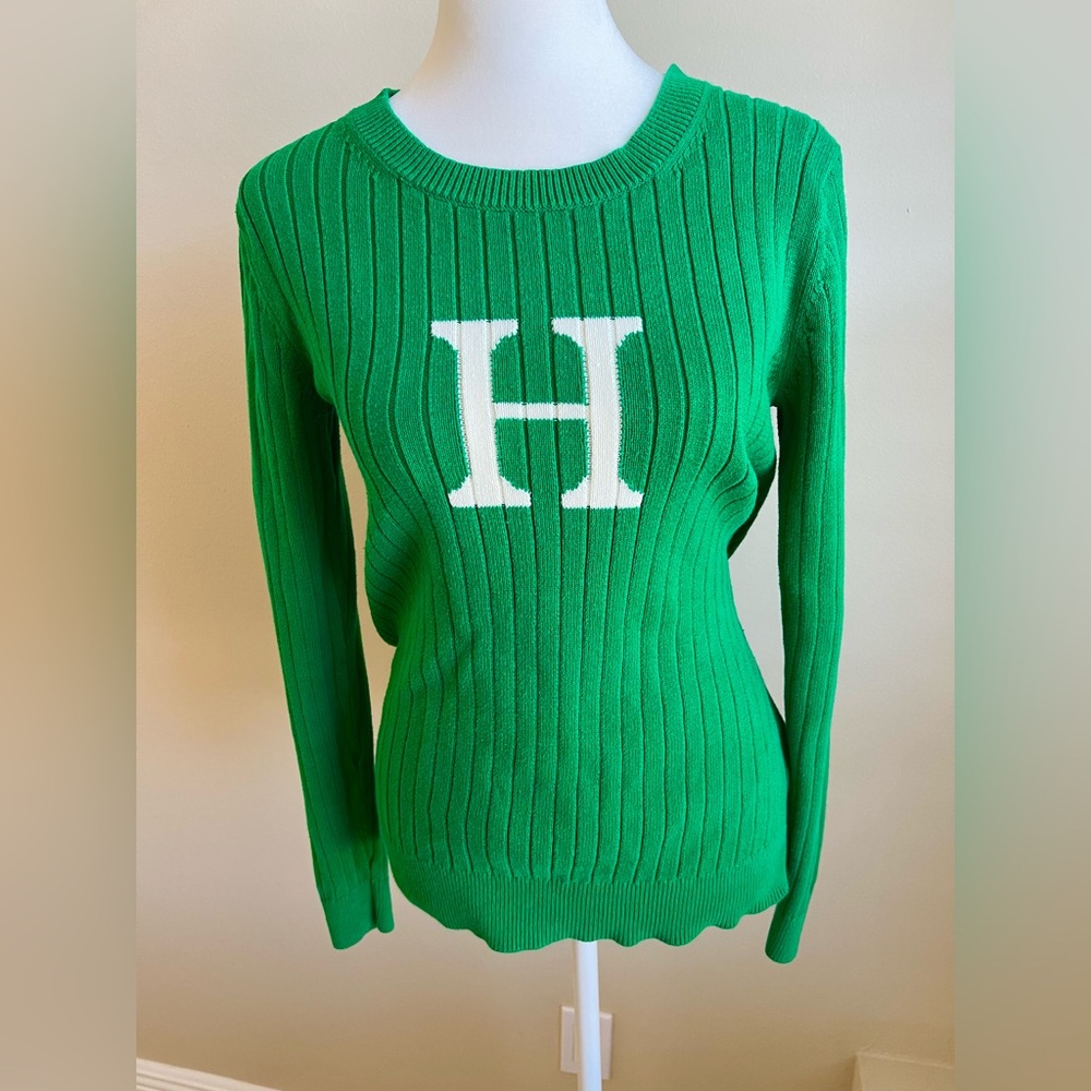 Tommy Hilfiger Preppy Green H Logo Ribbed 100% Cotton Sweater Small